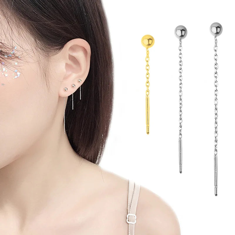 925 Sterling Silver Round Bead Pendant Ear Line Chain Drop Dangle Earrings For Women Long Tassel Elegant Jewelry Gift