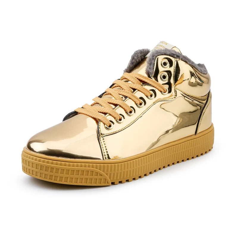 Warm Men Shoes Patent Leather Sneakers High Tops Gold Silver Hip Hop Boots Plush Winter Shoes Fashion Shoes Flats Size 47