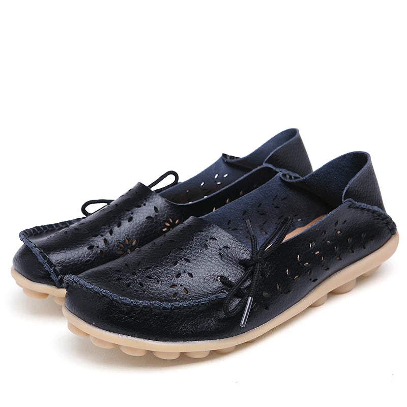 Women's Fashion Summer Footwear of Genuine Leather Sweet Loafers Flat Shoes with Round Toe for Soft Nurse Casual Working Slip On