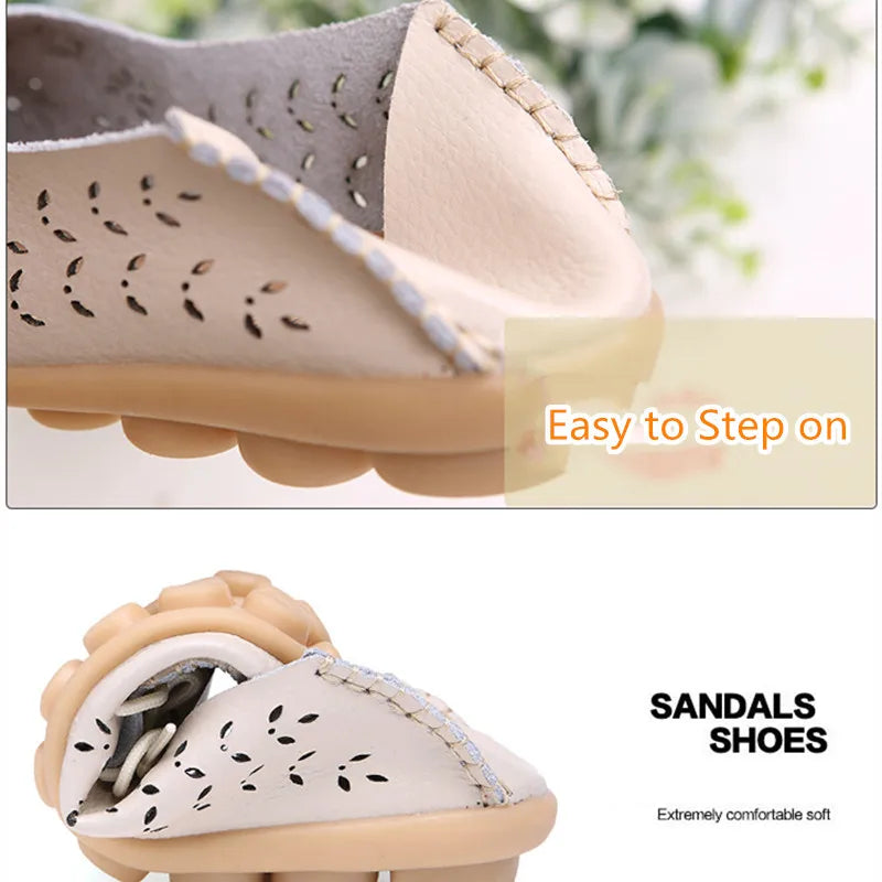Women's Fashion Summer Footwear of Genuine Leather Sweet Loafers Flat Shoes with Round Toe for Soft Nurse Casual Working Slip On