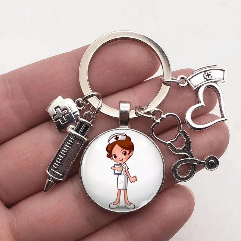 New/high quality 1 piece nurse medical syringe stethoscope image keychain glass cabochon and glass dome key ring pendant gift.