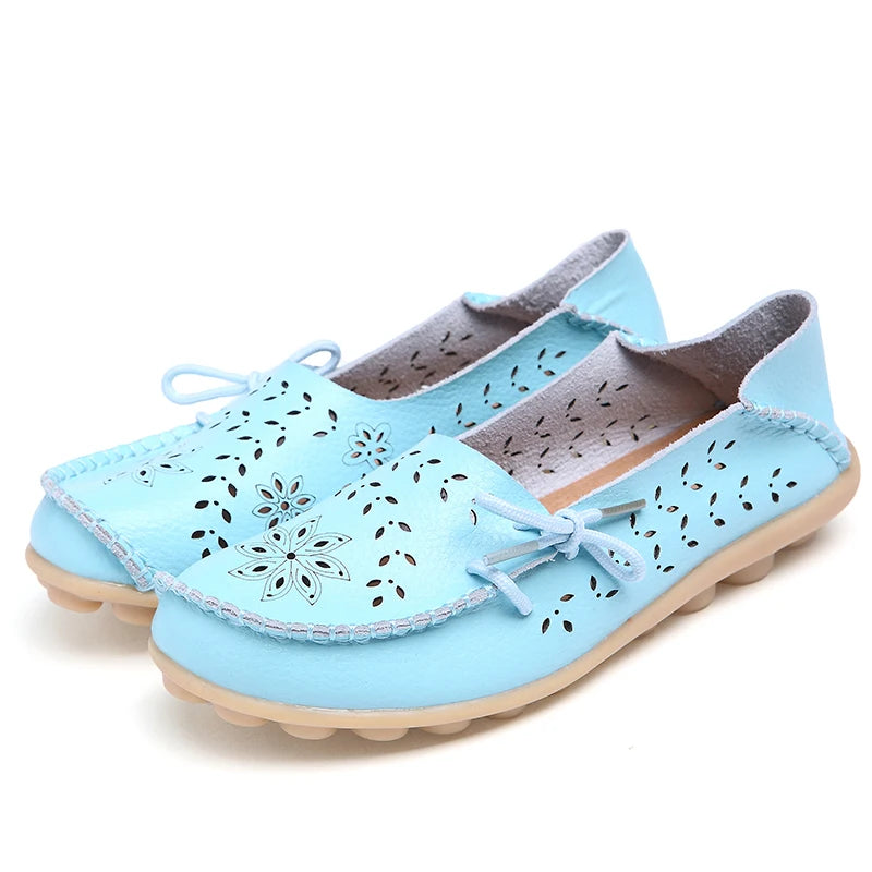 Women's Fashion Summer Footwear of Genuine Leather Sweet Loafers Flat Shoes with Round Toe for Soft Nurse Casual Working Slip On