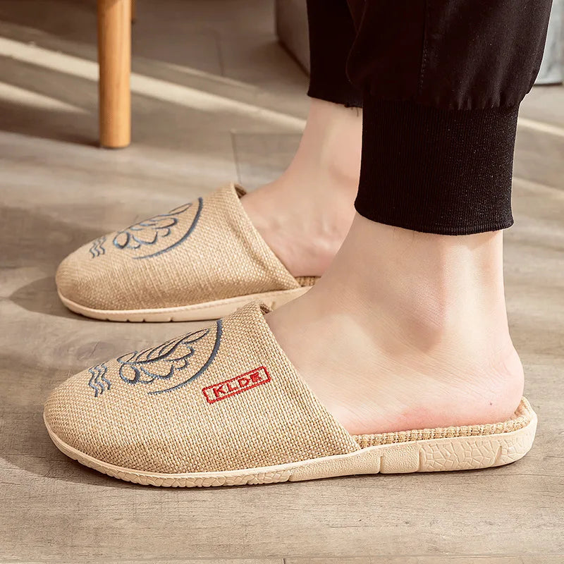Mntrerm 2023 New Men's and Women's Slippers Baotou Embroidered Linen Slippers Four Seasons Breathable EVA Home Viscose Slippers