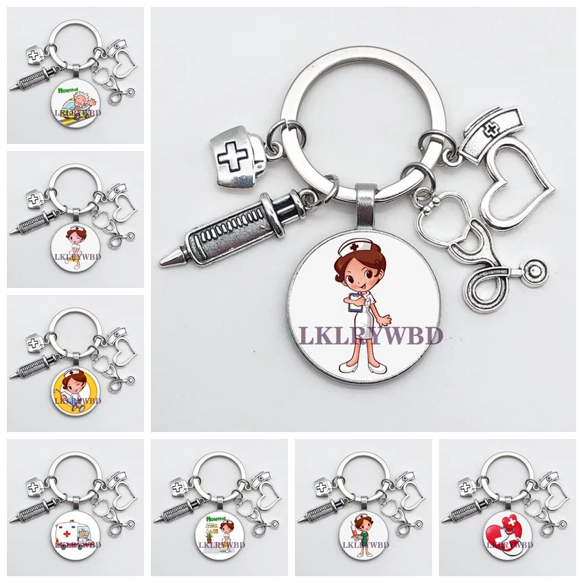 New/high quality 1 piece nurse medical syringe stethoscope image keychain glass cabochon and glass dome key ring pendant gift.