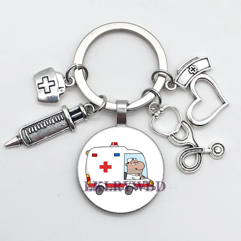 New/high quality 1 piece nurse medical syringe stethoscope image keychain glass cabochon and glass dome key ring pendant gift.