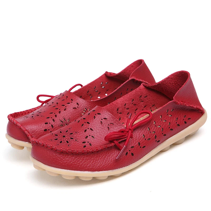 Women's Fashion Summer Footwear of Genuine Leather Sweet Loafers Flat Shoes with Round Toe for Soft Nurse Casual Working Slip On