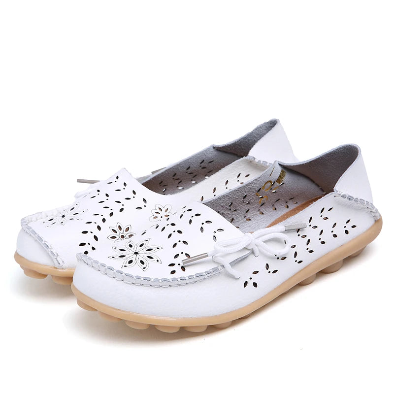 Women's Fashion Summer Footwear of Genuine Leather Sweet Loafers Flat Shoes with Round Toe for Soft Nurse Casual Working Slip On