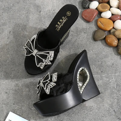 Voesnees Ladies Slippers Sexy Comfortable Wild Wedge Outdoor Sandals Summer Women's Shoes Thick Bottom Rhinestone Bow Slide