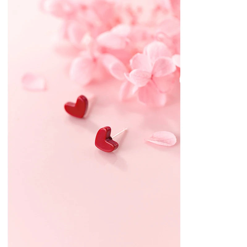 MloveAcc New Fashion Small Love Red Heart Resin Stud Earrings Women 925 Sterling Silver Stud Jewelry Girl