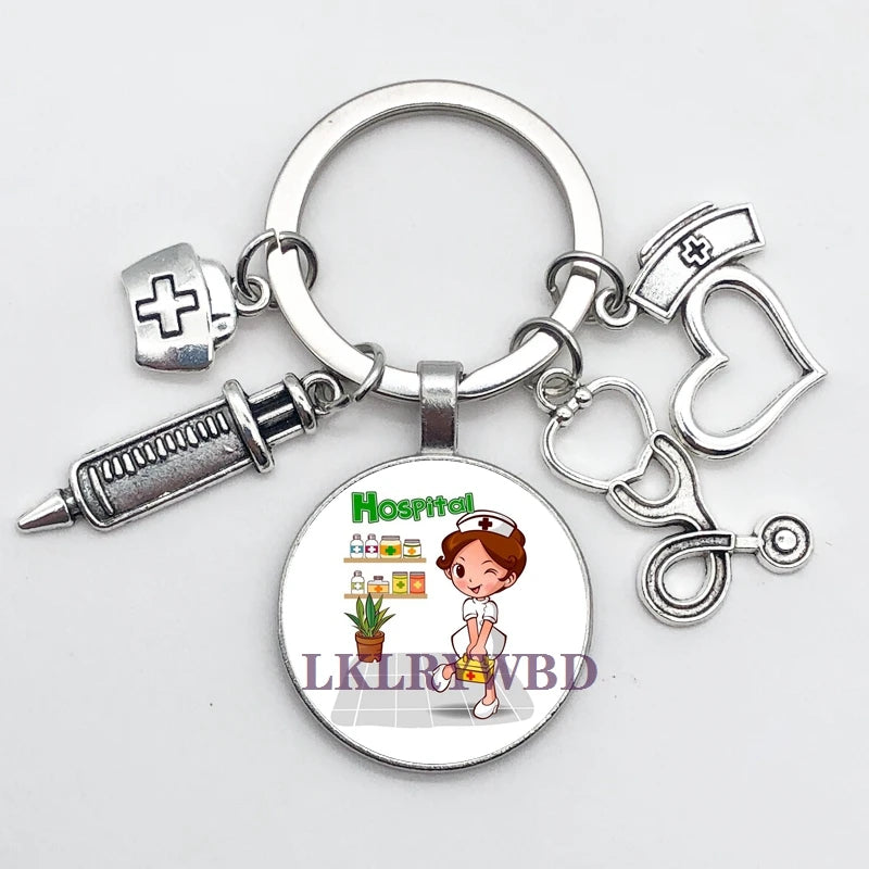 New/high quality 1 piece nurse medical syringe stethoscope image keychain glass cabochon and glass dome key ring pendant gift.