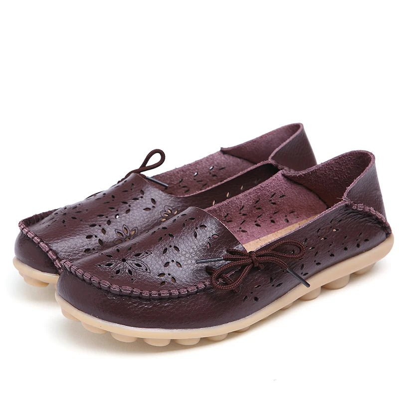 Women's Fashion Summer Footwear of Genuine Leather Sweet Loafers Flat Shoes with Round Toe for Soft Nurse Casual Working Slip On