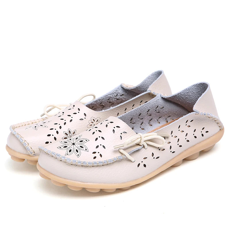 Women's Fashion Summer Footwear of Genuine Leather Sweet Loafers Flat Shoes with Round Toe for Soft Nurse Casual Working Slip On