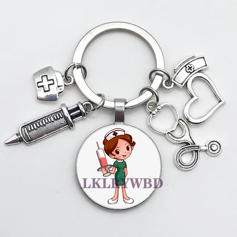 New/high quality 1 piece nurse medical syringe stethoscope image keychain glass cabochon and glass dome key ring pendant gift.