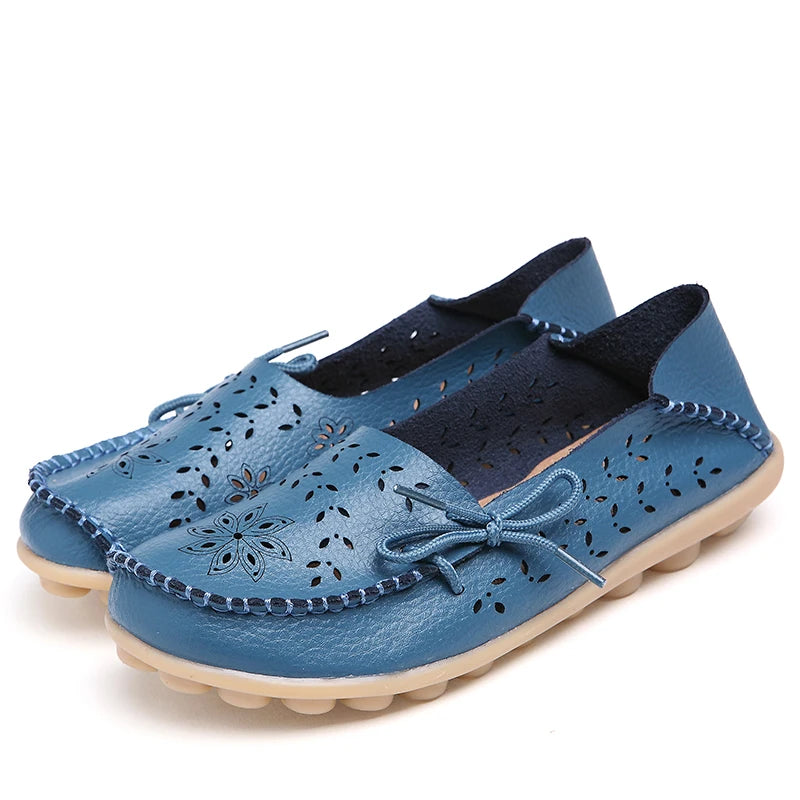 Women's Fashion Summer Footwear of Genuine Leather Sweet Loafers Flat Shoes with Round Toe for Soft Nurse Casual Working Slip On