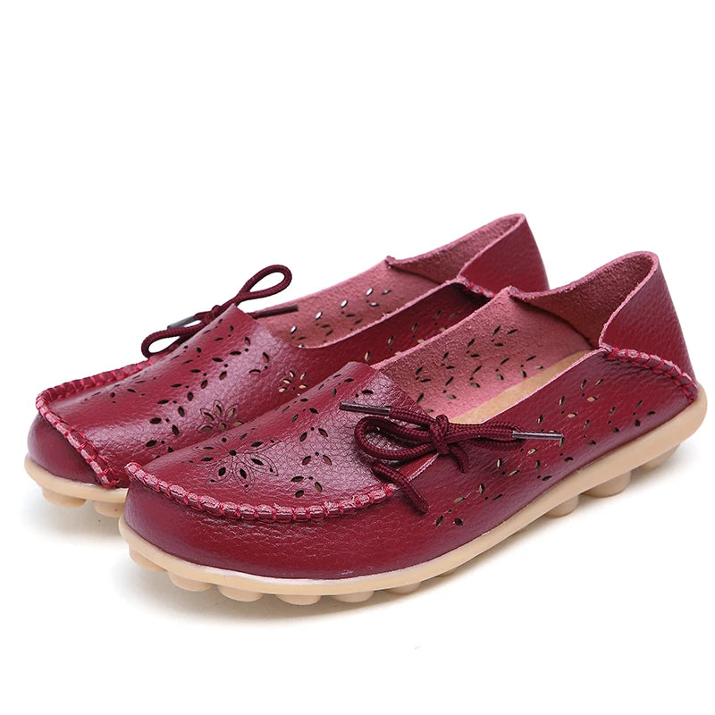 Women's Fashion Summer Footwear of Genuine Leather Sweet Loafers Flat Shoes with Round Toe for Soft Nurse Casual Working Slip On