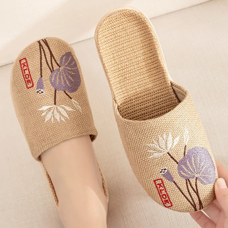 Mntrerm 2023 New Men's and Women's Slippers Baotou Embroidered Linen Slippers Four Seasons Breathable EVA Home Viscose Slippers