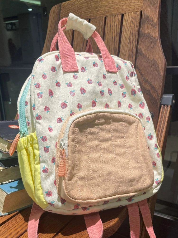 Backpack Strawberry Print Canvas Campus Contrast Color Cartoon
