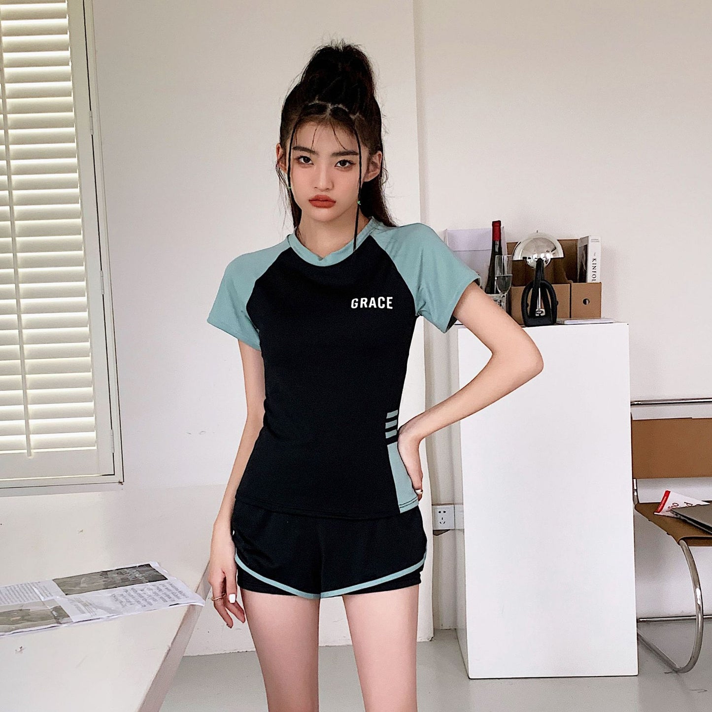 Sports Style Swimsuit for Female Students, Conservative Belly-Covering, Slimming Split, Flesh-Covering, High-Waisted Boxer Briefs, Hot Spring Swimsuit for Older Children