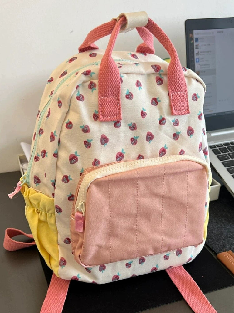 Backpack Strawberry Print Canvas Campus Contrast Color Cartoon