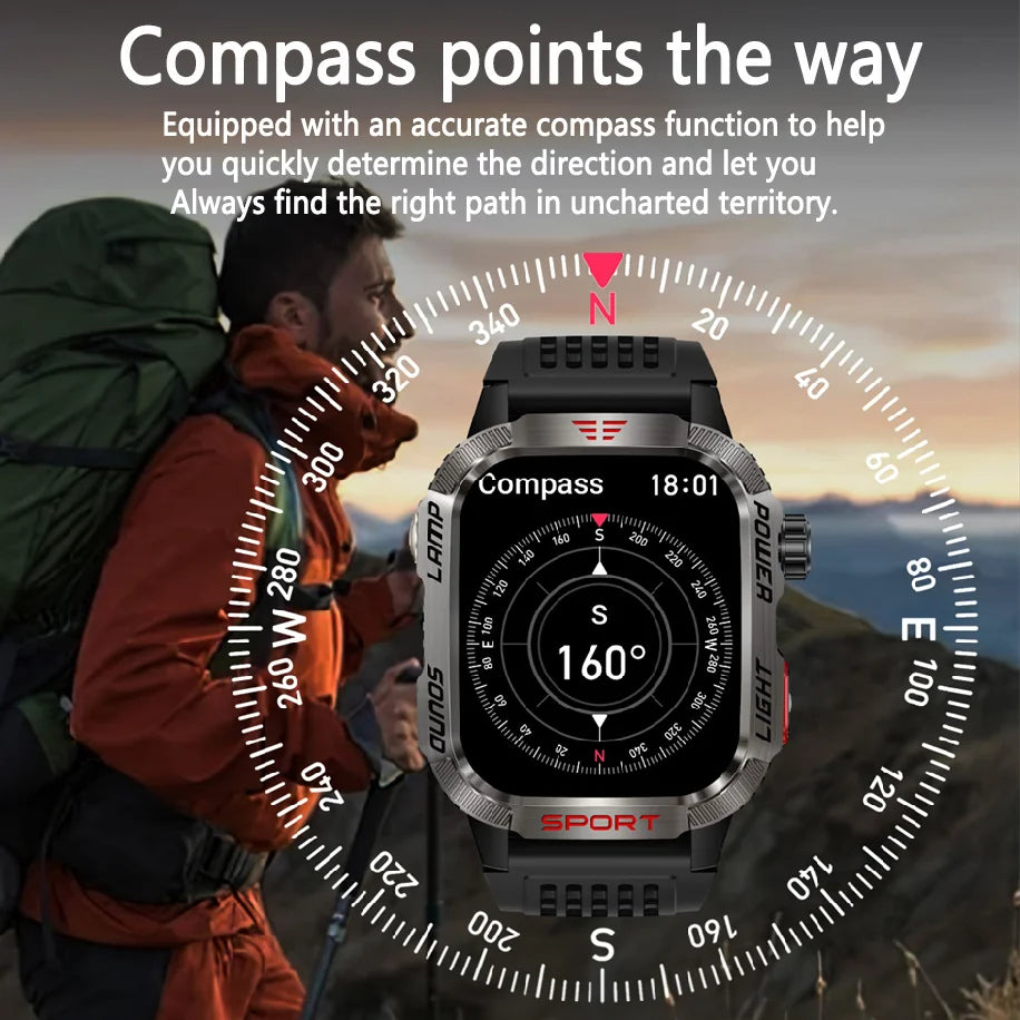 ChiBear New Sport Smart Watch 2.01 Inch HD Screen 600 mAh Flashlight Compass Heart Rate Waterproof Bluetooth Call Smartwatch Men
