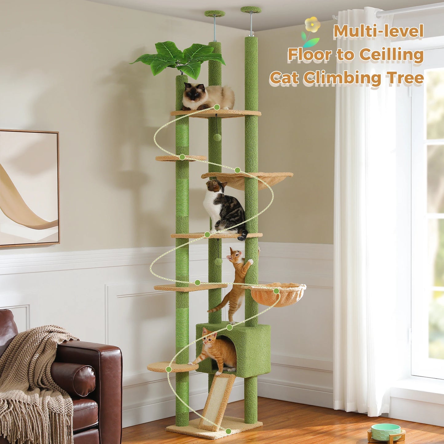 Adjustable 230-252cm Height Cactus Cat Tree with Condo Scratching Post Multi-Level Cat Tower Cat Accessories gatos Cat Toys