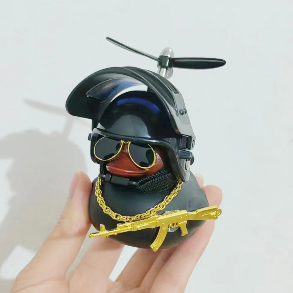 Black Rubber Duck Car Duck With Weapon Helmet Propeller Broken Wind Duckling Bike Motor Riding Cycling Decoration Accessories