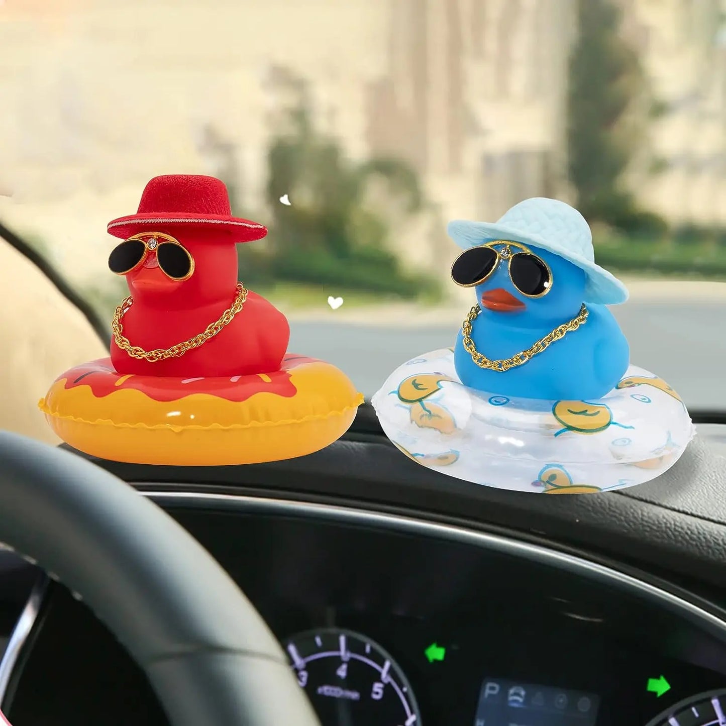 Car Duck Ornament Dashboard Decorations Rubber Duck Car for Car Dashboard Accessories with Swim Ring Sunglasses Hat and Necklace