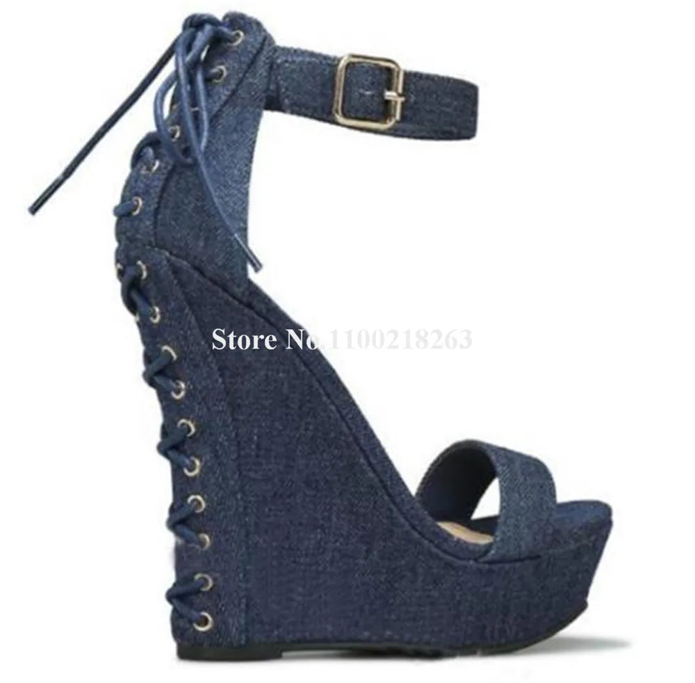 Women Summer Fashion High Platform Wedge Sandals Black Red Blue Open Toe Back Lace-up Ankle Strap High Heel Wedges Big Size