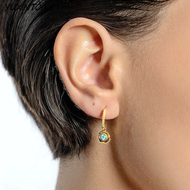 925 Sterling Silver Needle Blue Evil Eyering Hoop Earrings for Women Vintage Eyes 18K Gold Earrings Party Fashion Jewelry Gift
