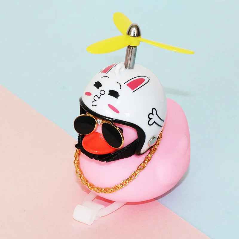 High Quality Pink Rubber Duck Bike Ornament with Sunglasses, gold Chain, propeller for Car Dashboard Bicycle Motorcycle Helmet