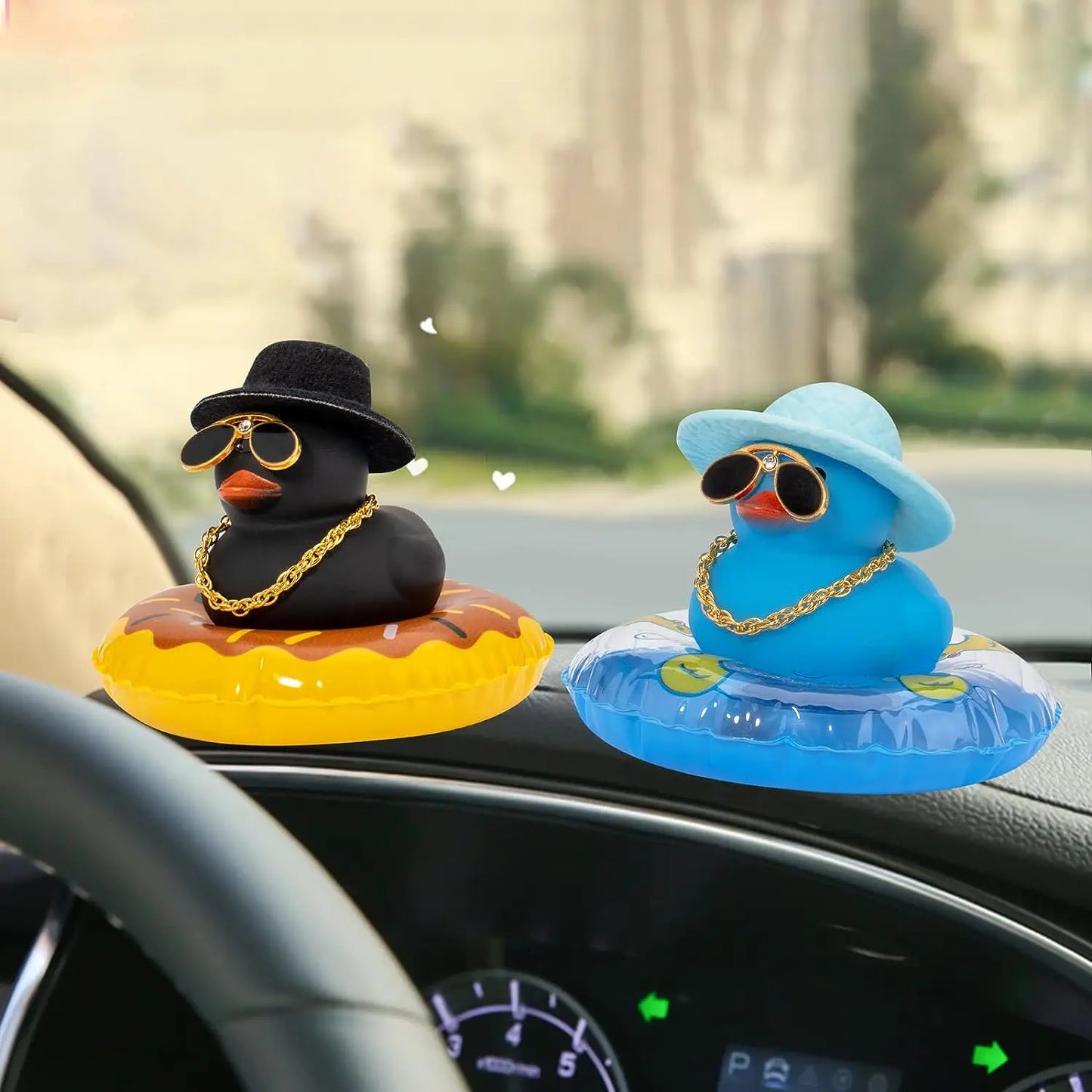 Car Duck Ornament Dashboard Decorations Rubber Duck Car for Car Dashboard Accessories with Swim Ring Sunglasses Hat and Necklace