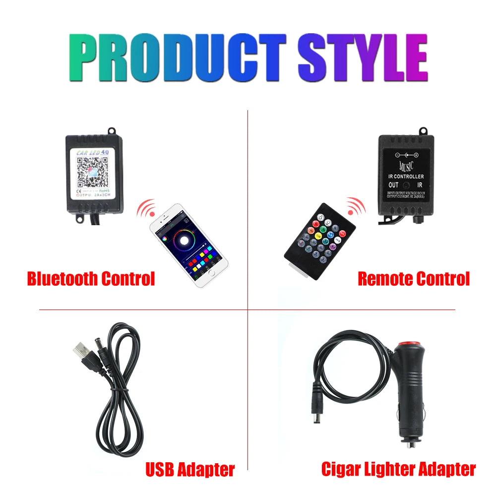 12V RGB Lights Bluetooth LED Strips Car Interior Ambient Lamp Foot Seat Door Decorative Set Smart Control Automotive Accessories
