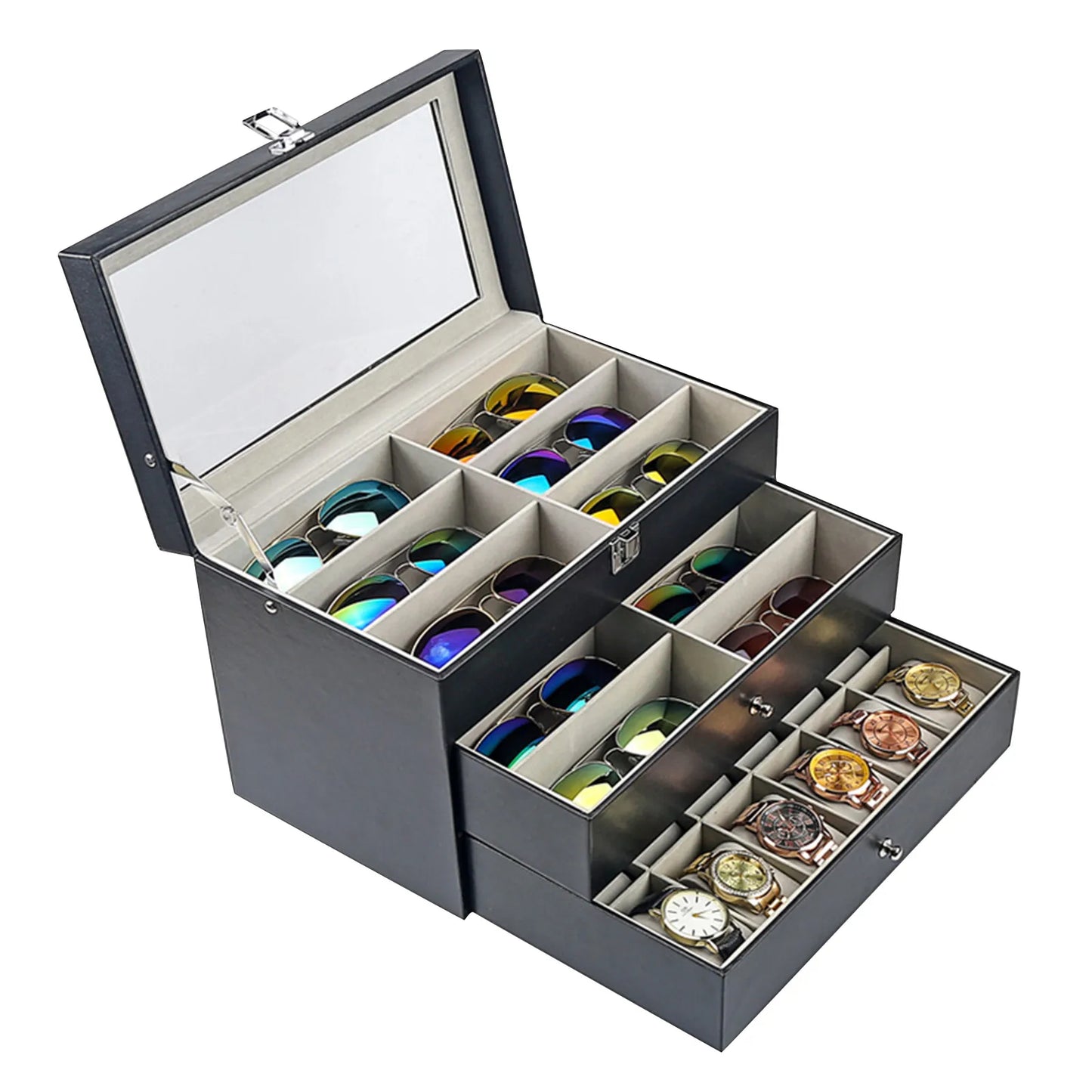 9/15/24 Grid Jewelry Collection Storage Holder Box Leather Watch Glasses Display Case Sunglasses Storage Holder