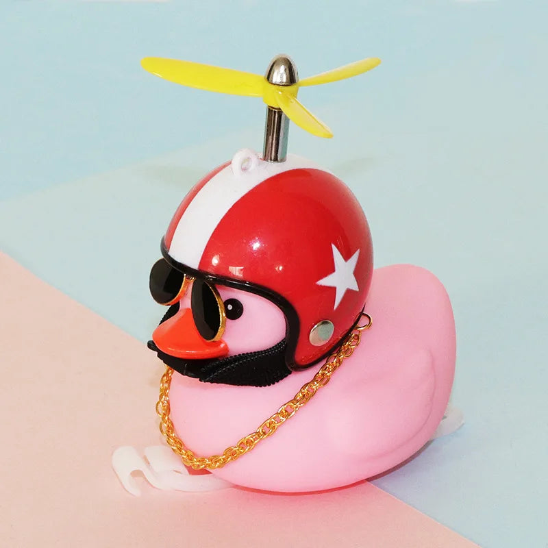 High Quality Pink Rubber Duck Bike Ornament with Sunglasses, gold Chain, propeller for Car Dashboard Bicycle Motorcycle Helmet