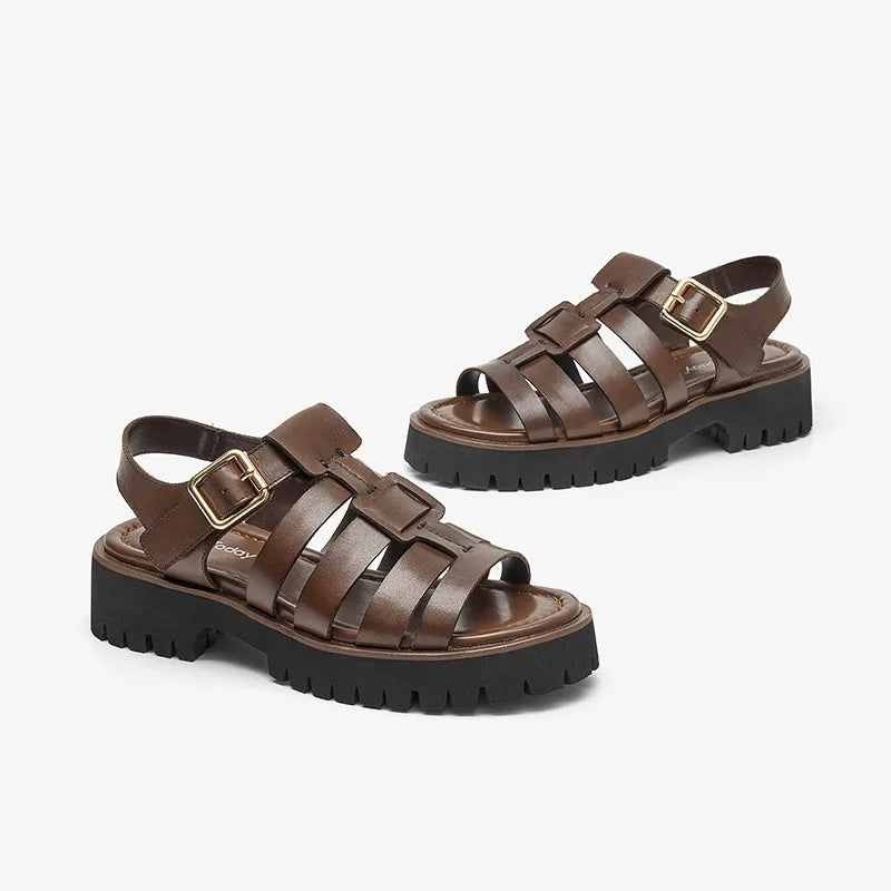 BeauToday Gladiator Sandals Women Cow Leather Open Toe Slingback Metal Buckle Strap Platform Casual Summer Female Shoes 38207