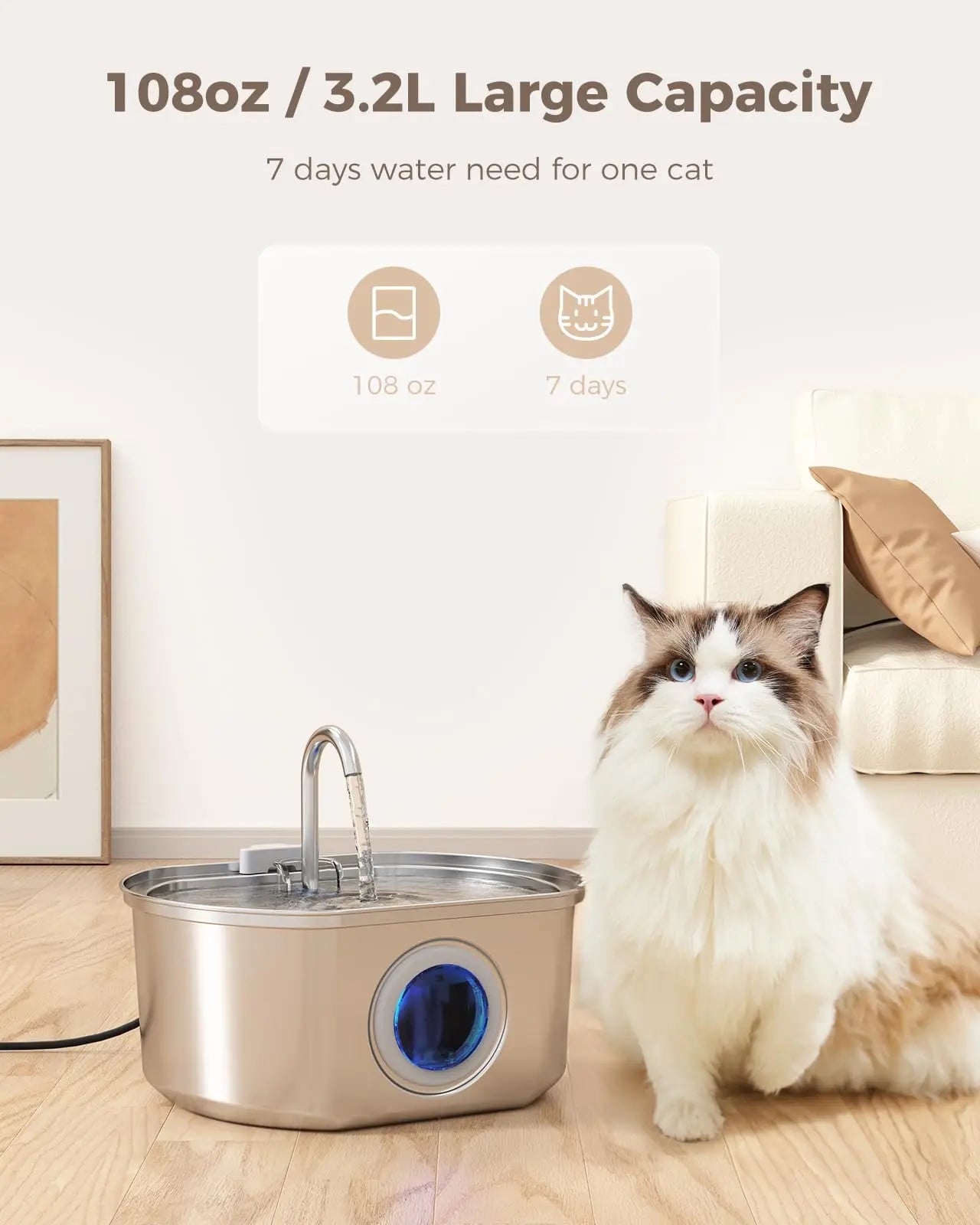 Miravia Cat Water Fountain Stainless Steel 3.2L/108oz Automatic Pet Water Dispenser Dog Drinking Water Bowl Water Level Window