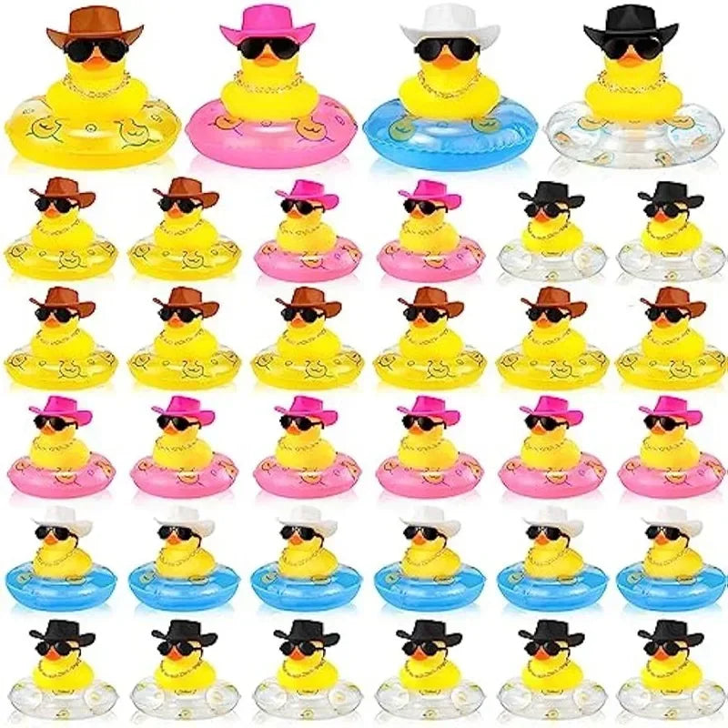 30 Sets Kawaii Car Decoration Duck Rubber Ducky with Swim Ring Bath Toy for Kids Float and Squeak Mini Ducks Party Supplies