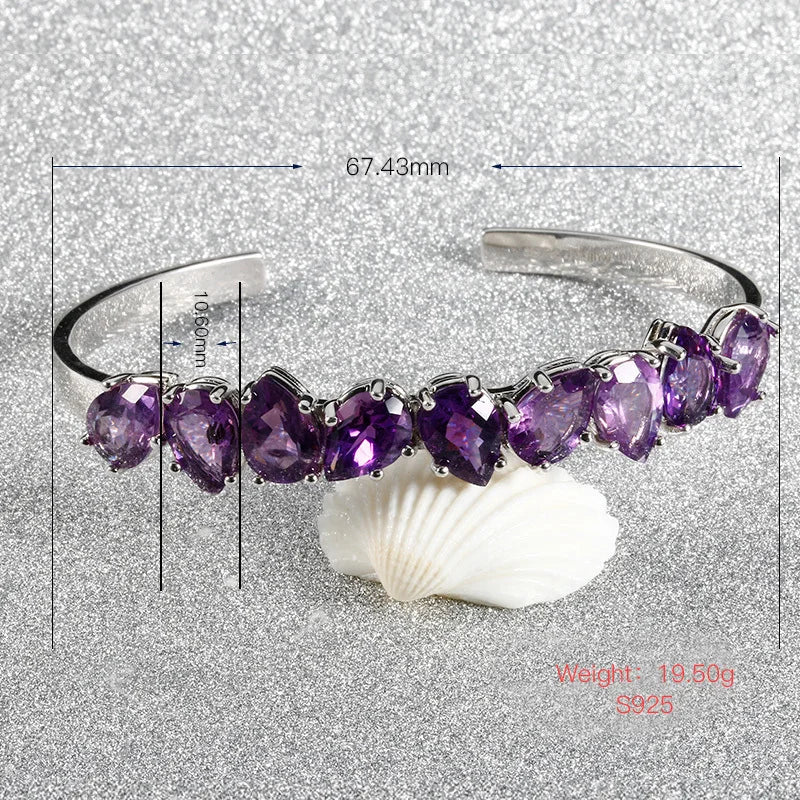 925 Sterling Silver Adjustable Bangle for Women Water Drop Pear Amethyst Bracelet Purple Wedding Party Fine Jewelry Gift