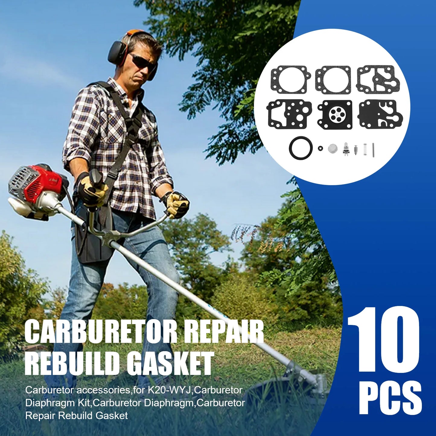 10Pcs Carburetor Repair Rebuild Gasket Needle Kit for Walbro K20-WYJ Echo Husqvarna Toro Ryobi Honda Homelite Trimmer