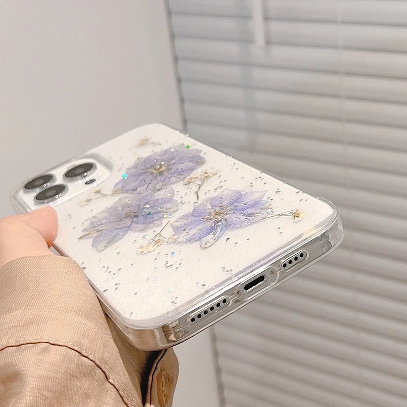 Korea Glitter Dried Floral Phone Case For iphone 15 14 13 12 11 Pro Max X XS XR 7 8 Mini Plus Cute Girl Epoxy Clear Soft Cover