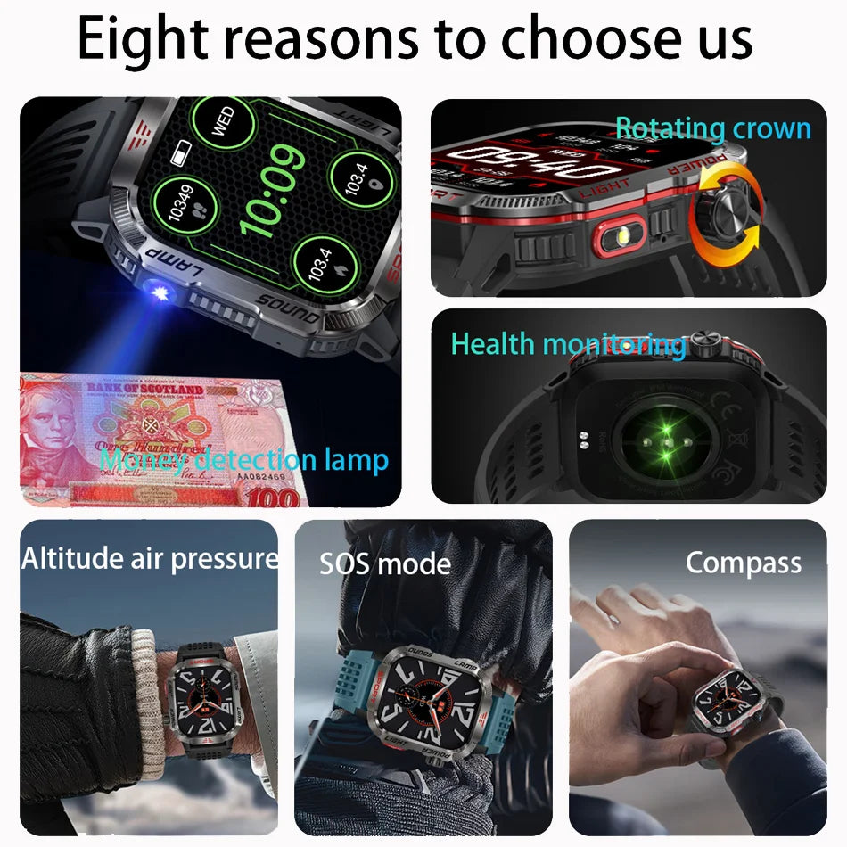ChiBear New Sport Smart Watch 2.01 Inch HD Screen 600 mAh Flashlight Compass Heart Rate Waterproof Bluetooth Call Smartwatch Men