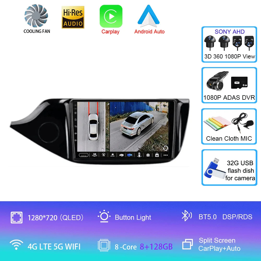 Android 14 Carplay Car Radio For Kia Ceed Cee'd 2 JD 2012-2018 Navigation GPS Multimedia Player WiFi+4G stereo BT 360 Camera DSP