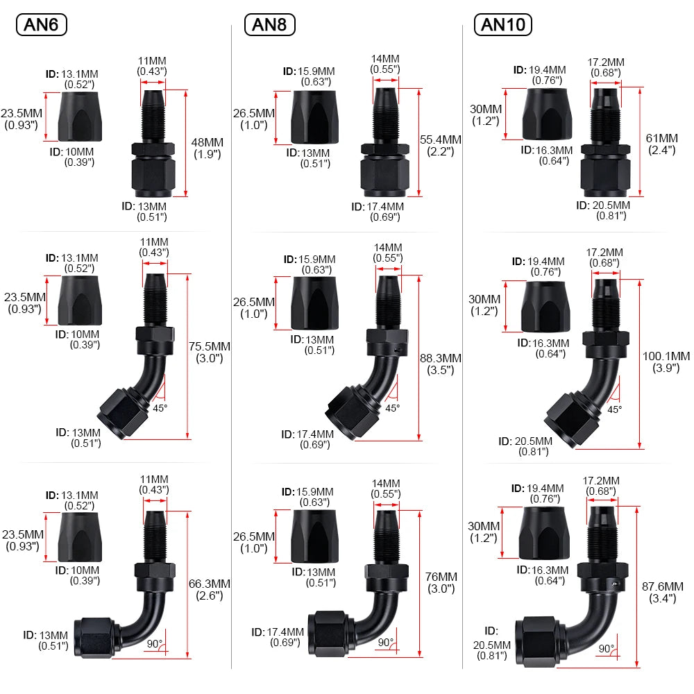 1 Pieces Oil Hose End Adaptor Kit Oil Fuel Swivel Hose End Fitting AN4 AN6 AN8 AN10 Straight 45 90 180 Degree