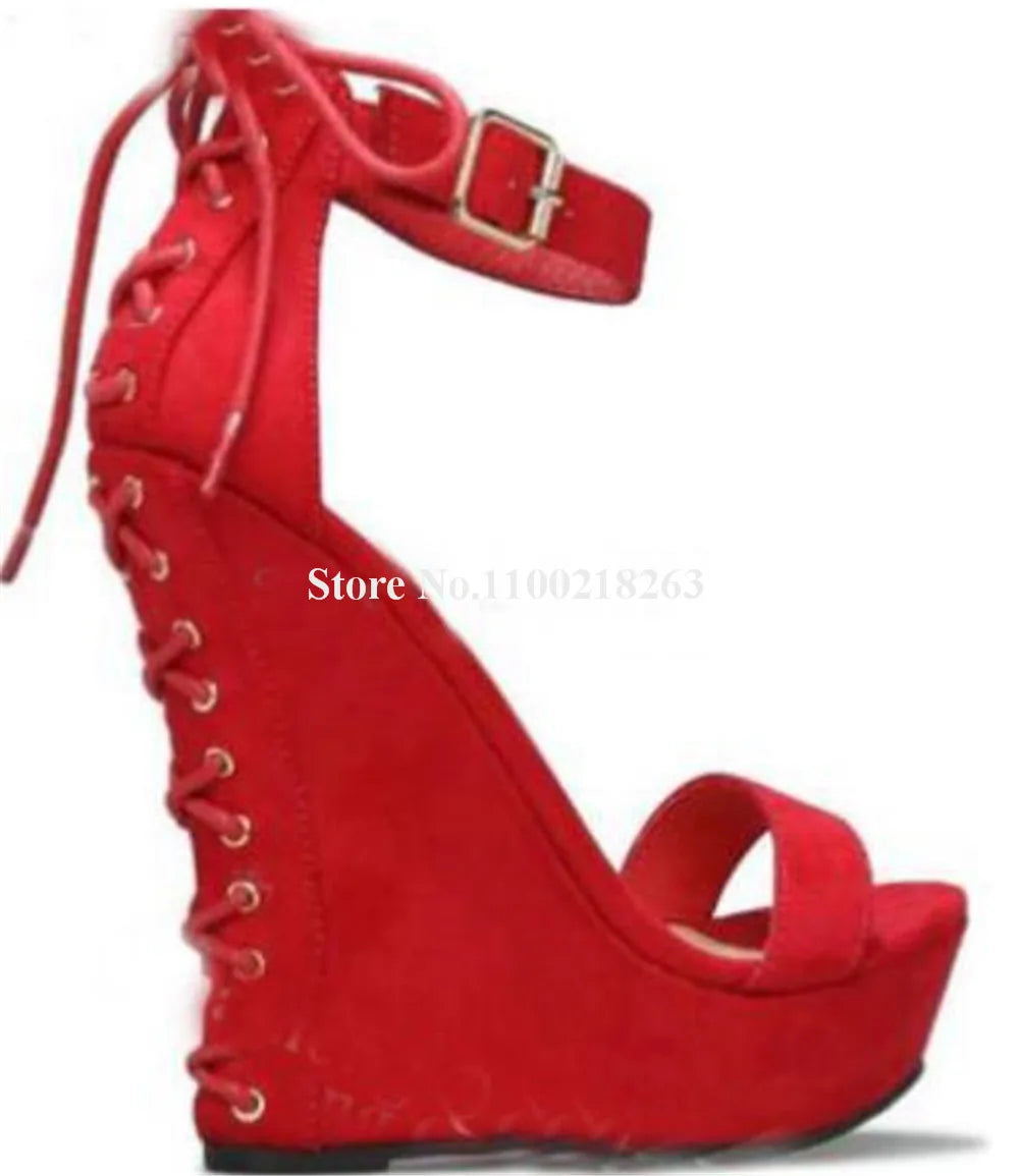 Women Summer Fashion High Platform Wedge Sandals Black Red Blue Open Toe Back Lace-up Ankle Strap High Heel Wedges Big Size