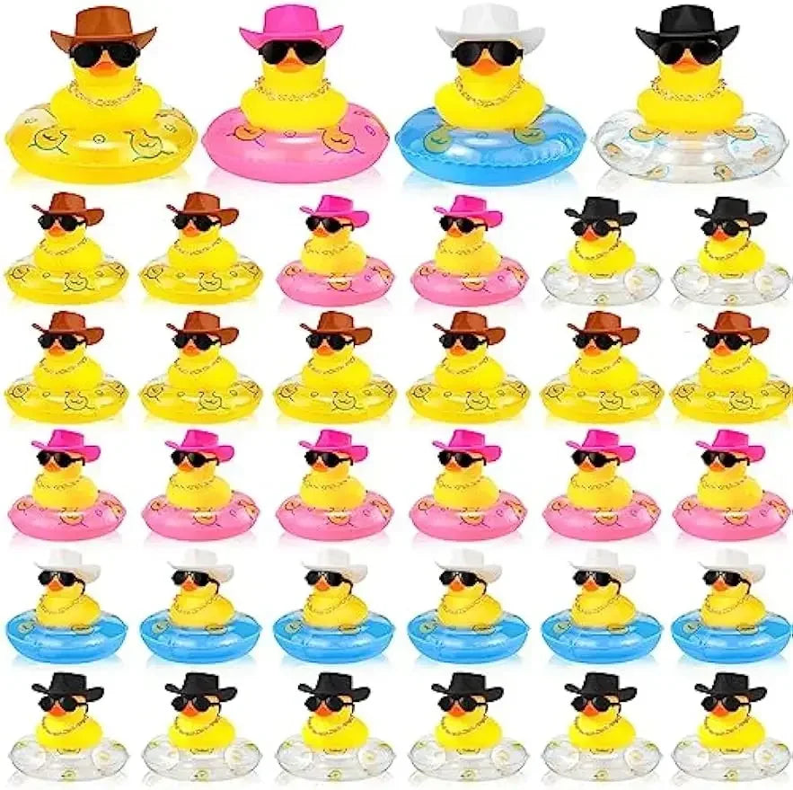 30 Sets Kawaii Car Decoration Duck Rubber Ducky with Swim Ring Bath Toy for Kids Float and Squeak Mini Ducks Party Supplies