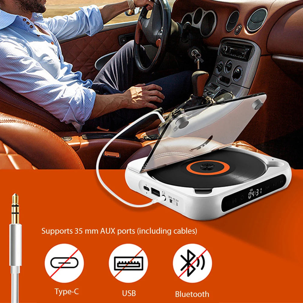 CD Player A-B Repeat Bluetooth-Compatible CD Player USB AUX Playback Car CD Player Memory Function 1200 MAh Battery for Home Car