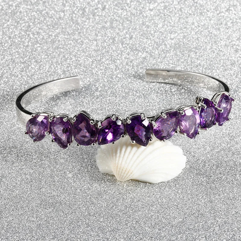 925 Sterling Silver Adjustable Bangle for Women Water Drop Pear Amethyst Bracelet Purple Wedding Party Fine Jewelry Gift