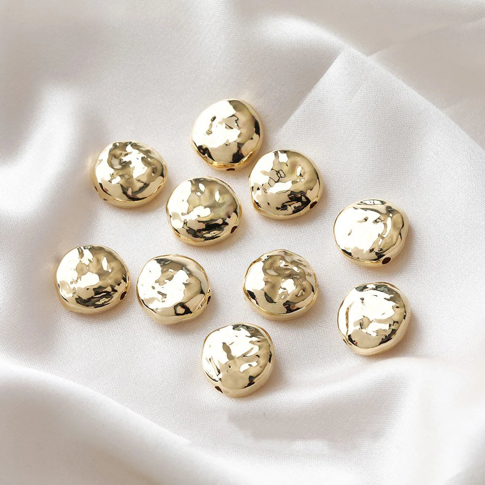 10PCS Flat Concave-Convex Irregular Round Baroque Straight Hole Gold Plated Earrings DIY Beads Making Supplies Accessories