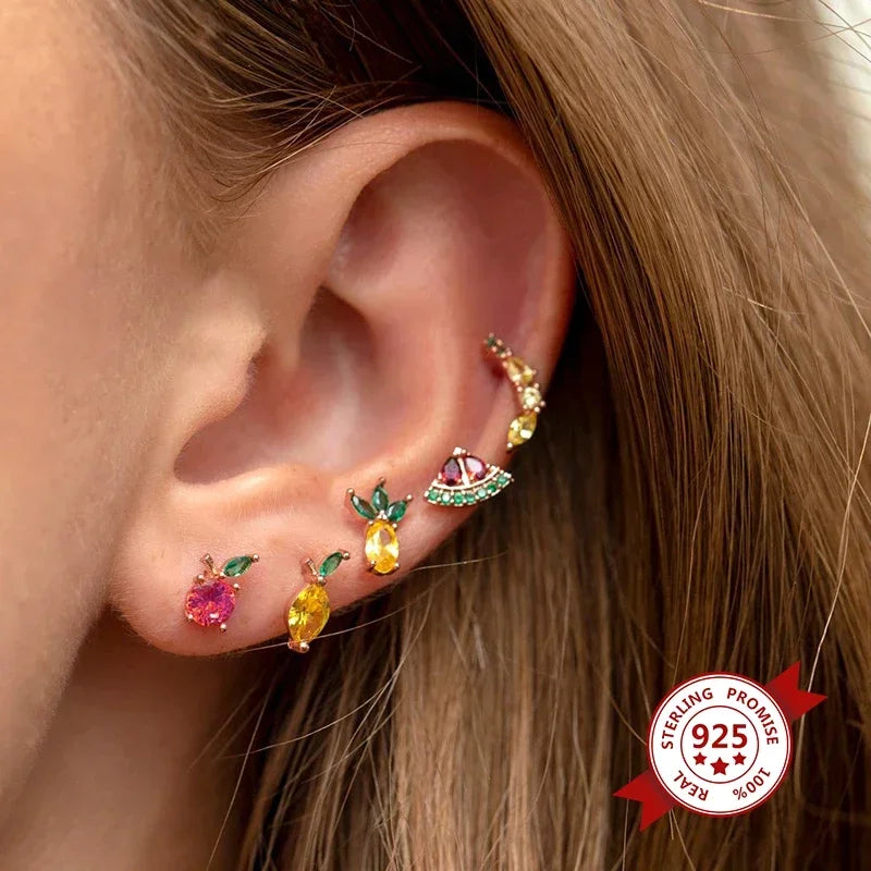 Colorful 925 Sterling Silver Ear Needle Crystal Zircon Mini Cute fruit Animal stud Earrings For Women delicate Fashion Jewelry