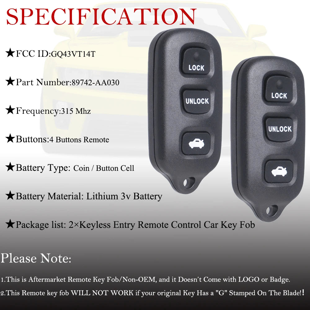 2 pcs For 2002 2003 2004 2005 2006 Toyota Camry Pontiac Vibe Car Remote Keyless Entry Key Fob GQ43VT14T